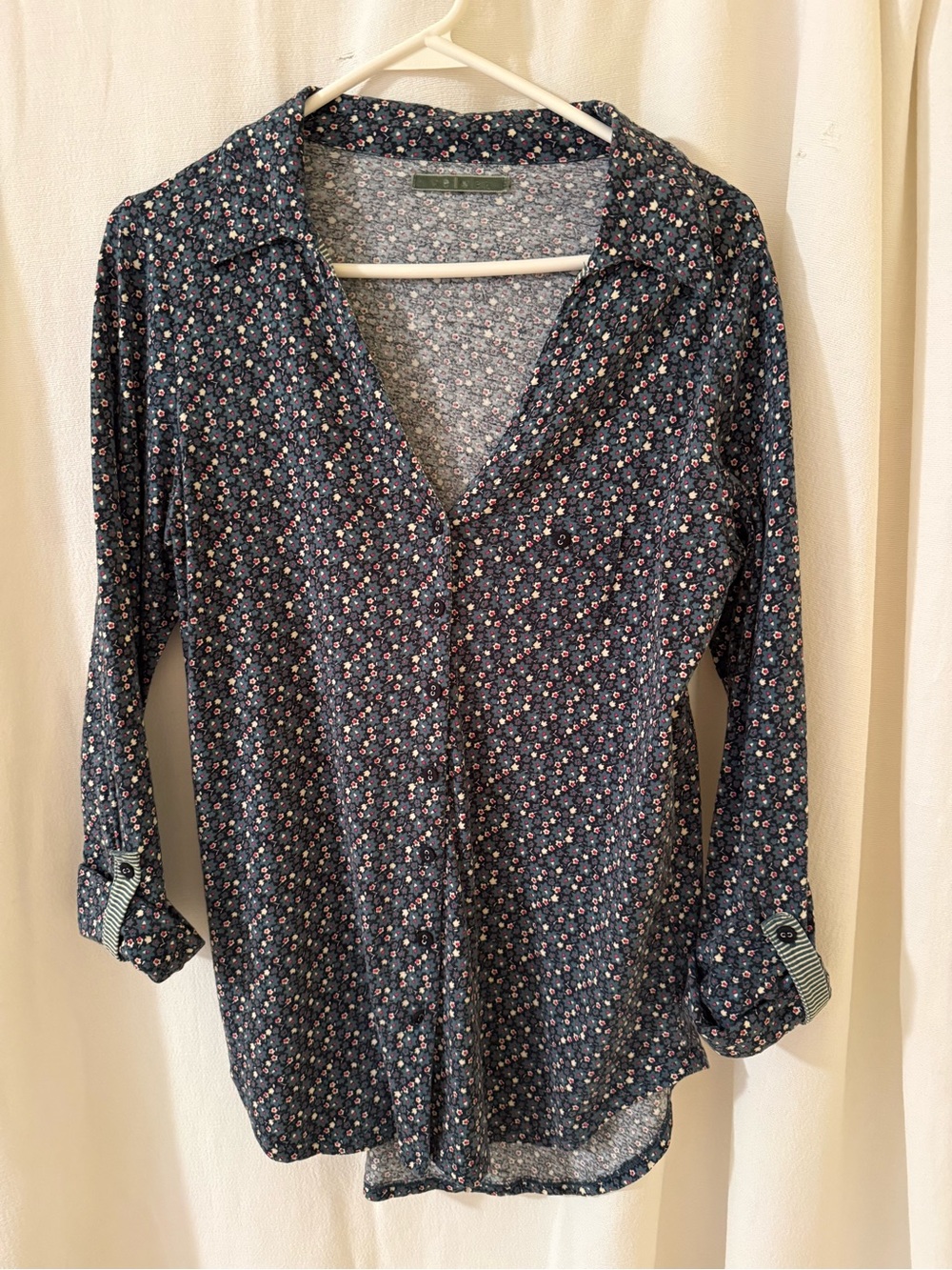 Velvet Navy Floral Button-Front Shirt 3/4 length sleeve